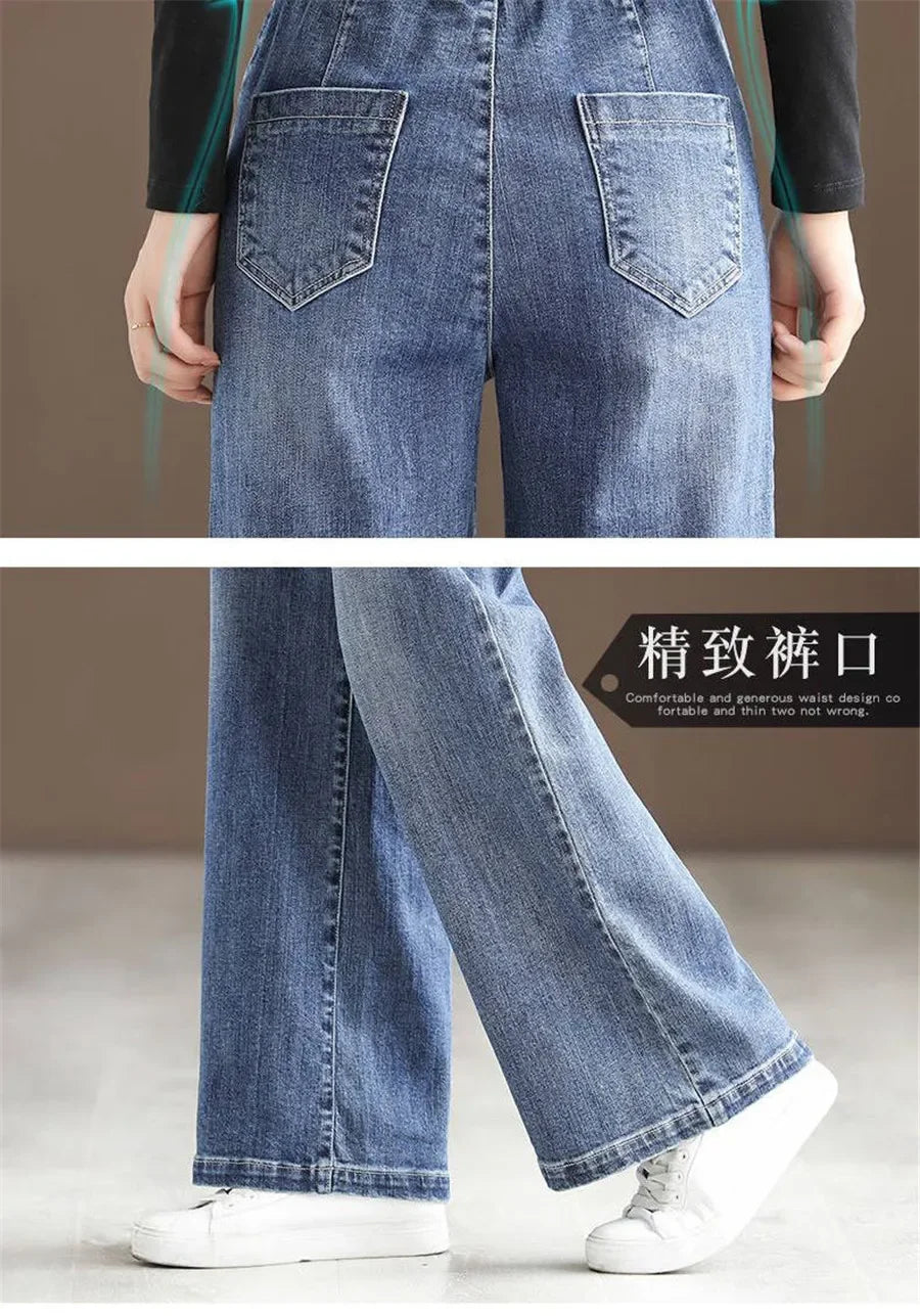Winter Wide Leg Denim Pants Women Thicken Plush Velvet Lined High Waist Jeans Lace Up Warm Baggy Straight Vaqueros Pantalones