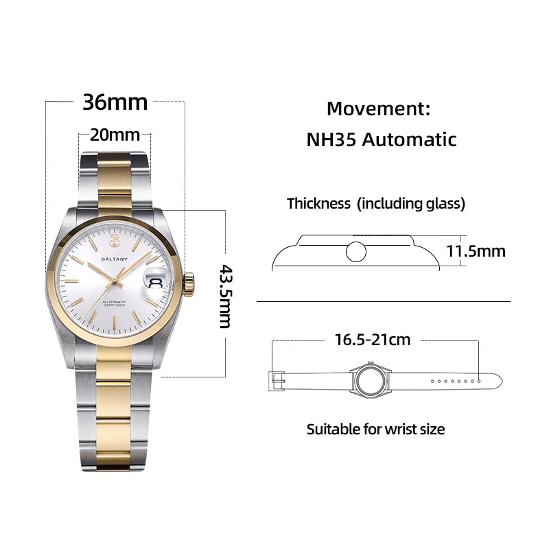 Baltany 36mm Perpetual Date Watch S4095 Sunray Dial 100M Waterproof Stainless Steel Bracelet NH35 Luxury Automatic Watch for Men