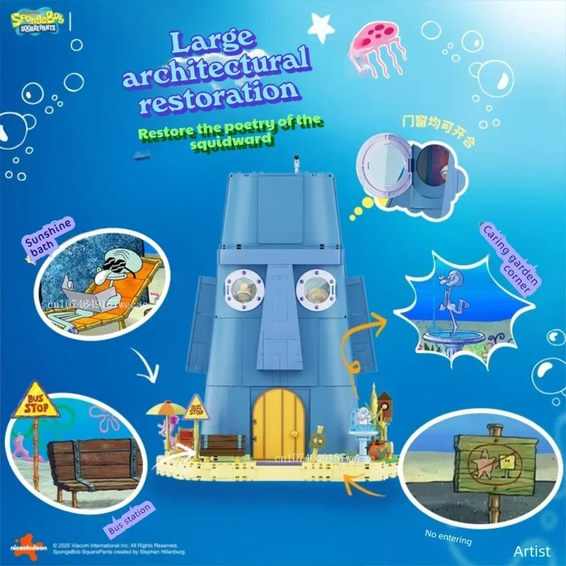 1655PCS SpongeBob SquarePants Squidward Stone Statue House Building Blocks Cartoon Model Bricks Set With Light DIY Toy Fans Gift