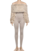 Women's Furry Patchwork Slash Neck Streetwear Jumpsuit