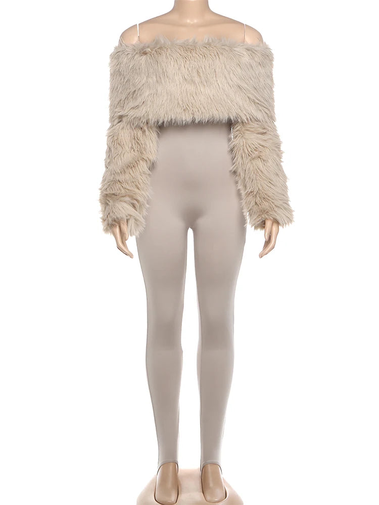 Women's Furry Patchwork Slash Neck Streetwear Jumpsuit