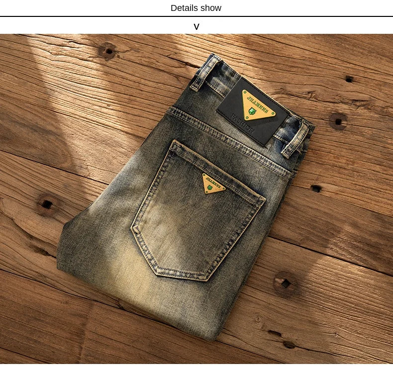 2026 European Trendy Brand Yellow Mud Jeans Men's Retro Old Slim Fit Fashion Long Pants Autumn and Winter Thick Pants