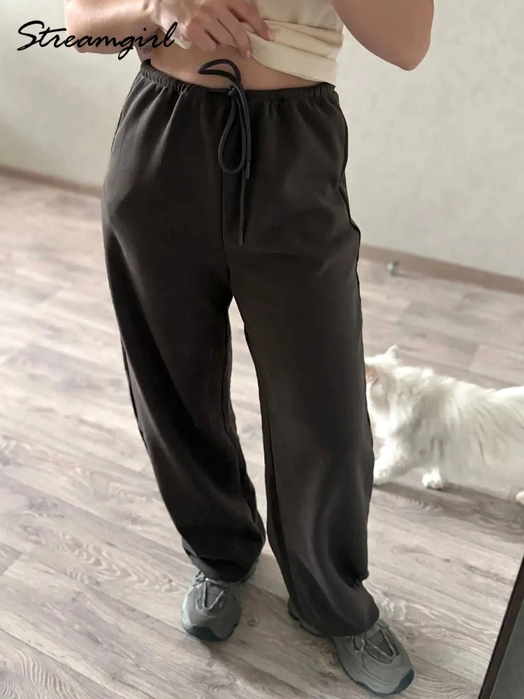 Autumn Burgundy Sweatpants Women Straight Leg Sport Pants Cotton Ladies Coffee Basic Joggers Wide Leg Women's Pants And Trousers