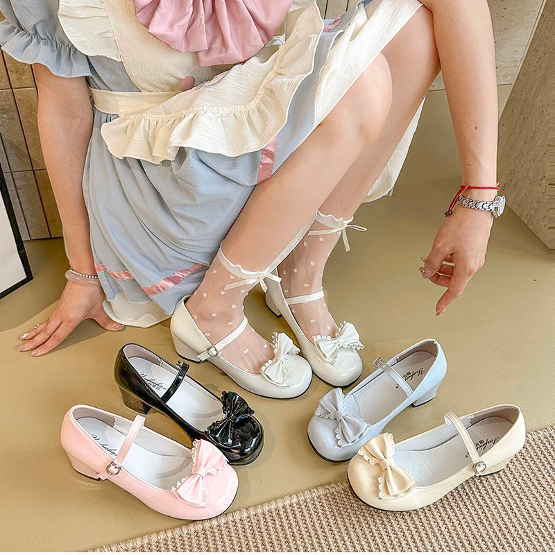 Cute Butterfly-knot Women Lolita Mary Jane Shoes Concise Thick Heel Leather Shoes Ladies Shallow Pumps