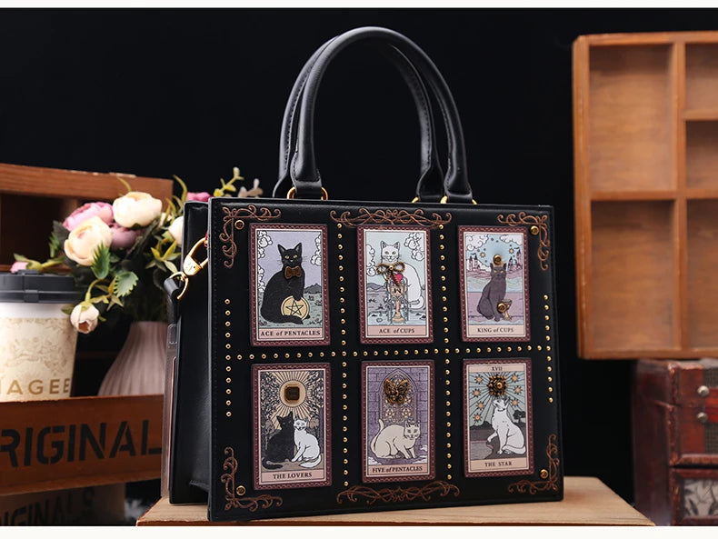 Vintage Luxury Leather Tote – Designer Cat Embroidery Shoulder Bag