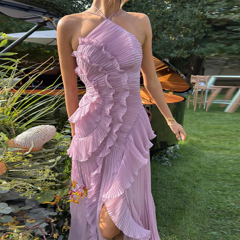 Elegant Lotus Edge Halter Maxi Dress