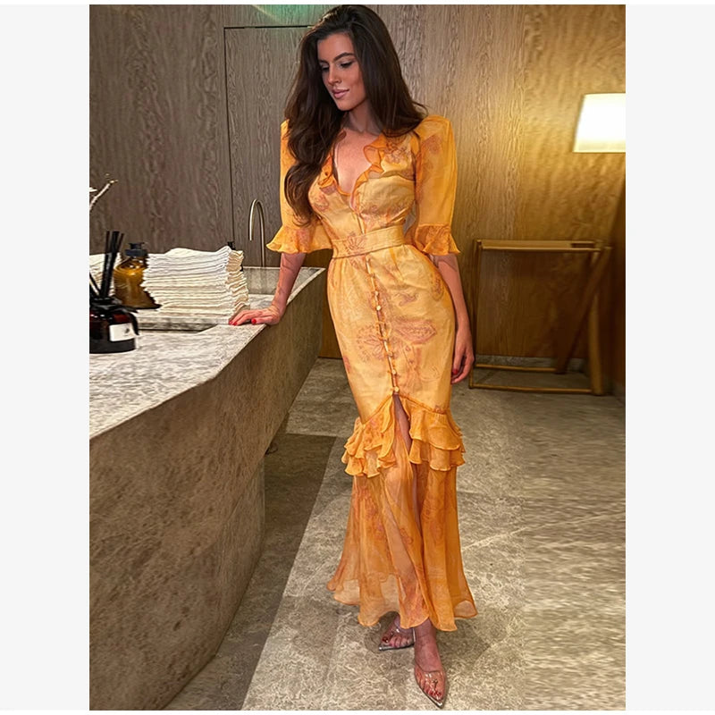 Elegant Floral Printed Woman Summer Dress V-neck Puff Sleeve Split Maxi Dresses For Women Fashion 2026 Women's Casual Gown New
