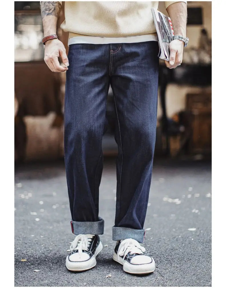 Maden Men's Vintage Selvedge Raw Denim Jeans with Horse Hair Leather Patch 100% Cotton Straight Trousers for Spring Fall Pants