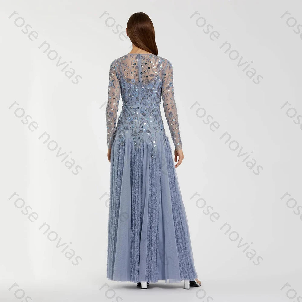 Customized Gray Tulle High Quality Evening Dress Scoop for Floor-Length with Beads A-line for Formal Evening Vestidos De Fiesta