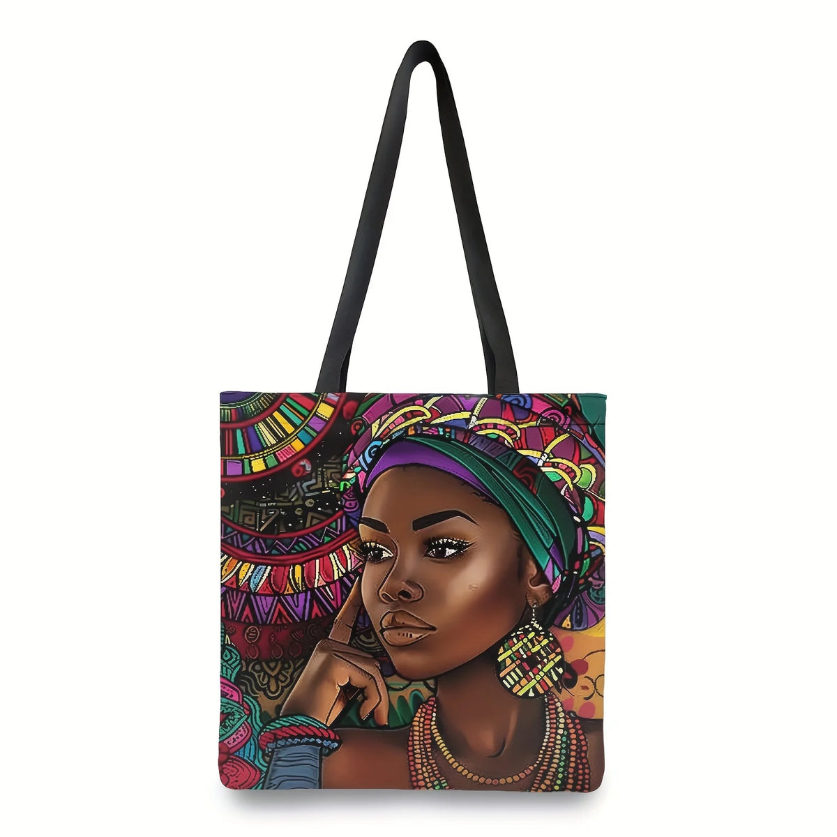 African Women Print Linen Tote Bag, Aesthetic School Shoulder Bag, Lightweight Grocery Shopping Bag