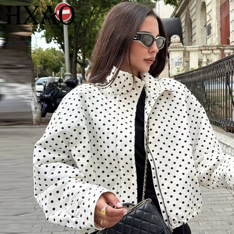 HXAO Polka Dot Bomber Jacket – Women's Zip-Up Coat