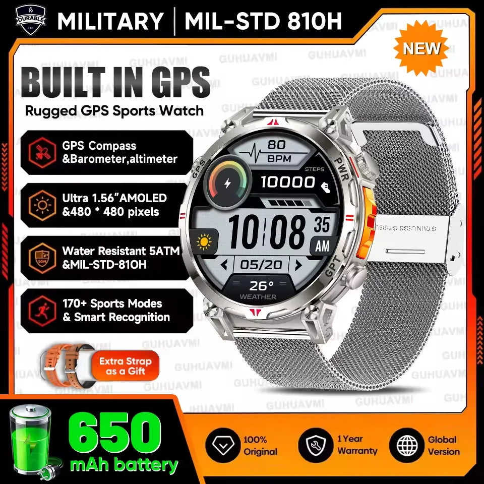 New Upgrade GPS Outdoor Sports SmartWatch Men With 5ATM Swim Compass Altimeter 1.56" AMOLED Heart Rate Bluetooth Call Smartwatch
