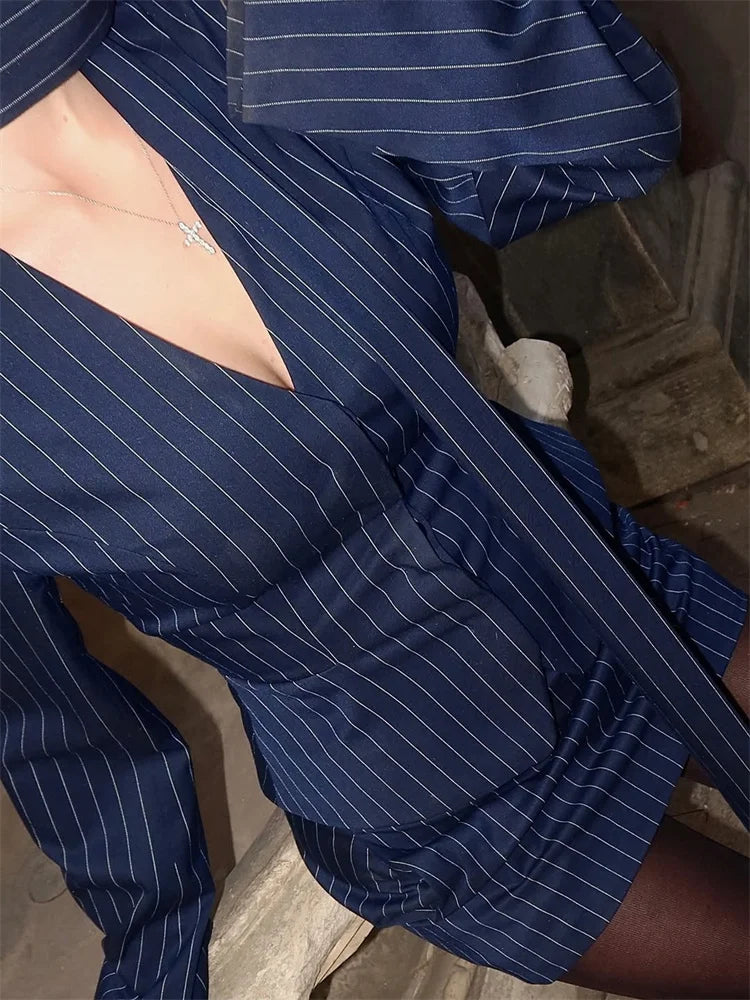 Tossy 3 Piece-Set Female Suit Mini Skirt Elegant Striped Commute Patchwork Fashion Luxury V-Neck Party Looks For Women Suit Sets