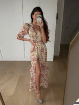 Elegant Floral Printed Woman Summer Dress V-neck Puff Sleeve Split Maxi Dresses For Women Fashion 2026 Women's Casual Gown New