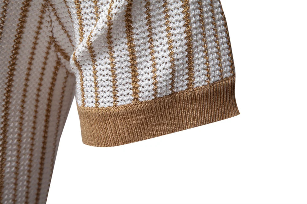 Men's Striped Mesh Polo – Contrast Panel, Breathable