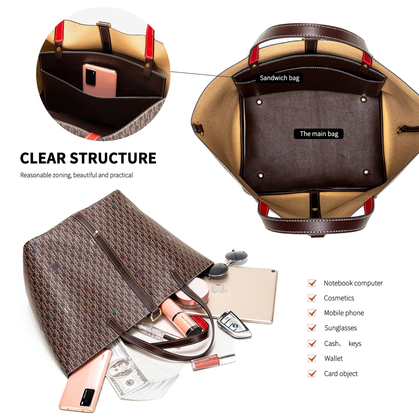 Classic Style Women's Large-capacity Handbag Letters Print Design Small Metal Accessories Exquisite Workmanship