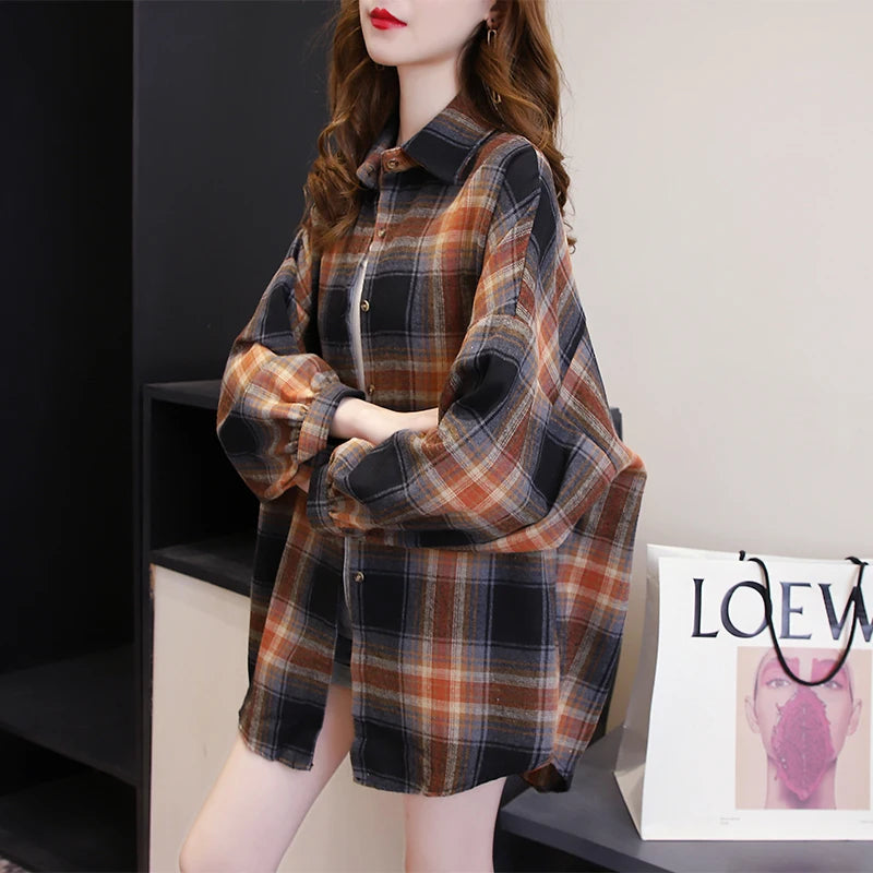 Vintage Plaid Long-Sleeve Blouse