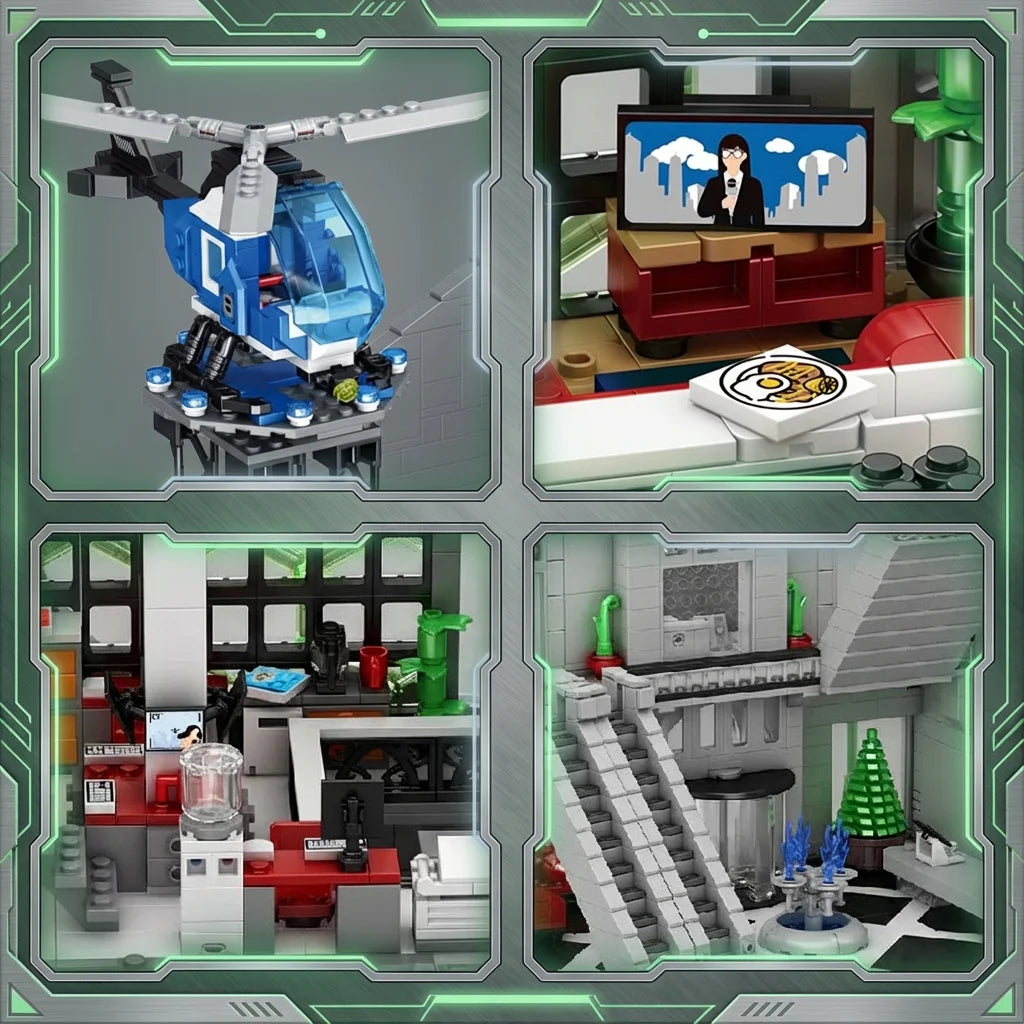 6375PCS Spider Oscorp Hero Tower With Light Building Blocks Movie City Classic Architecture Modular Assembly Model Kit DIY Toy G