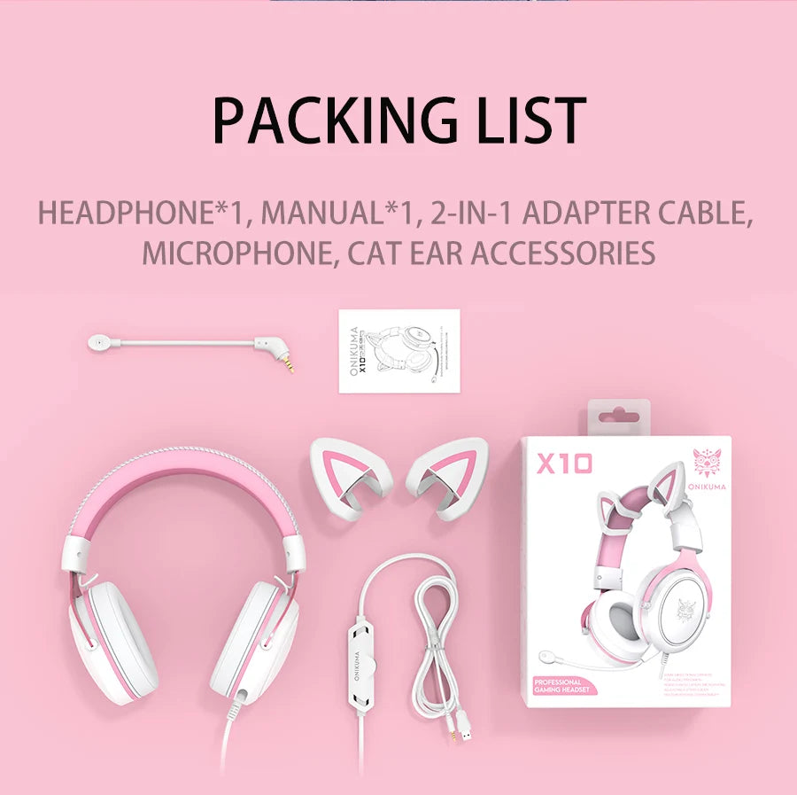 ONIKUMA X10 Gaming Headphones with Detachable Cute Cat Ear RBG Lighting Gaming Headset Gamer Earphone with HD Mic for PC Gaming