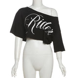 KSylCue Letter Print Off-Shoulder Crop Top