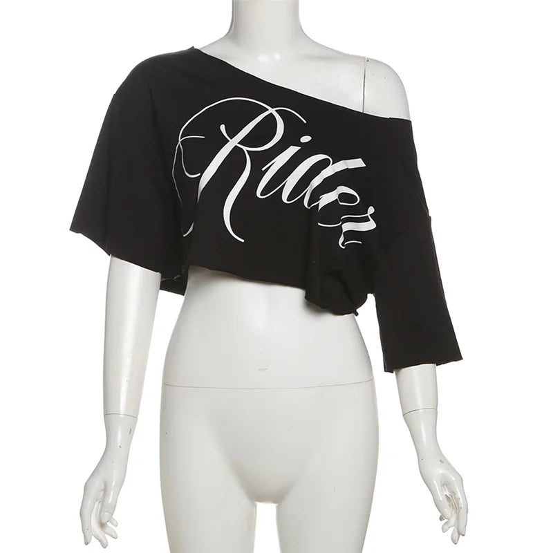 KSylCue Letter Print Off-Shoulder Crop Top