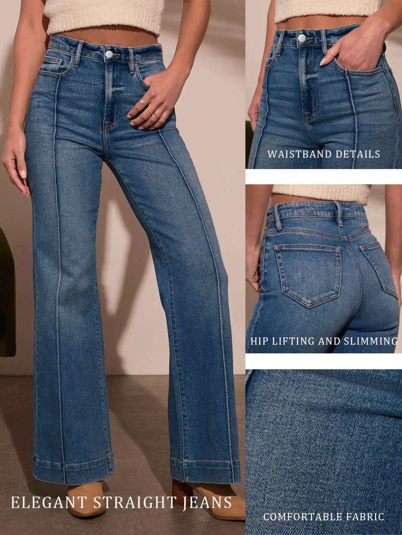 Women's Dark Blue High Waist Wide Leg Stretch Jeans