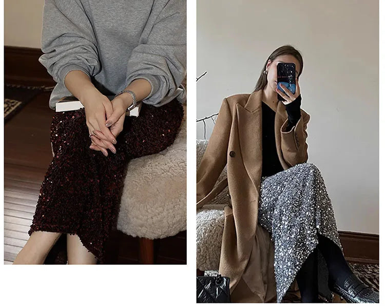High Waisted Sequin Maxi Skirt Women Elegant Shiny Straight Skirts With Slit Summer Spring Black Long Sequin Skirt For Women