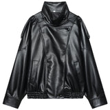 HXAO New Arrival Women's Bomber Jacket Leather Black Jackets Cropped Oversize Outerwears Zip-Up Long Sleeve Coats Outdoor Jacket