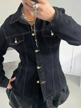 Y2K Vintage Patchwork Denim Jacket – Retro Streetwear Long-Sleeve Coat