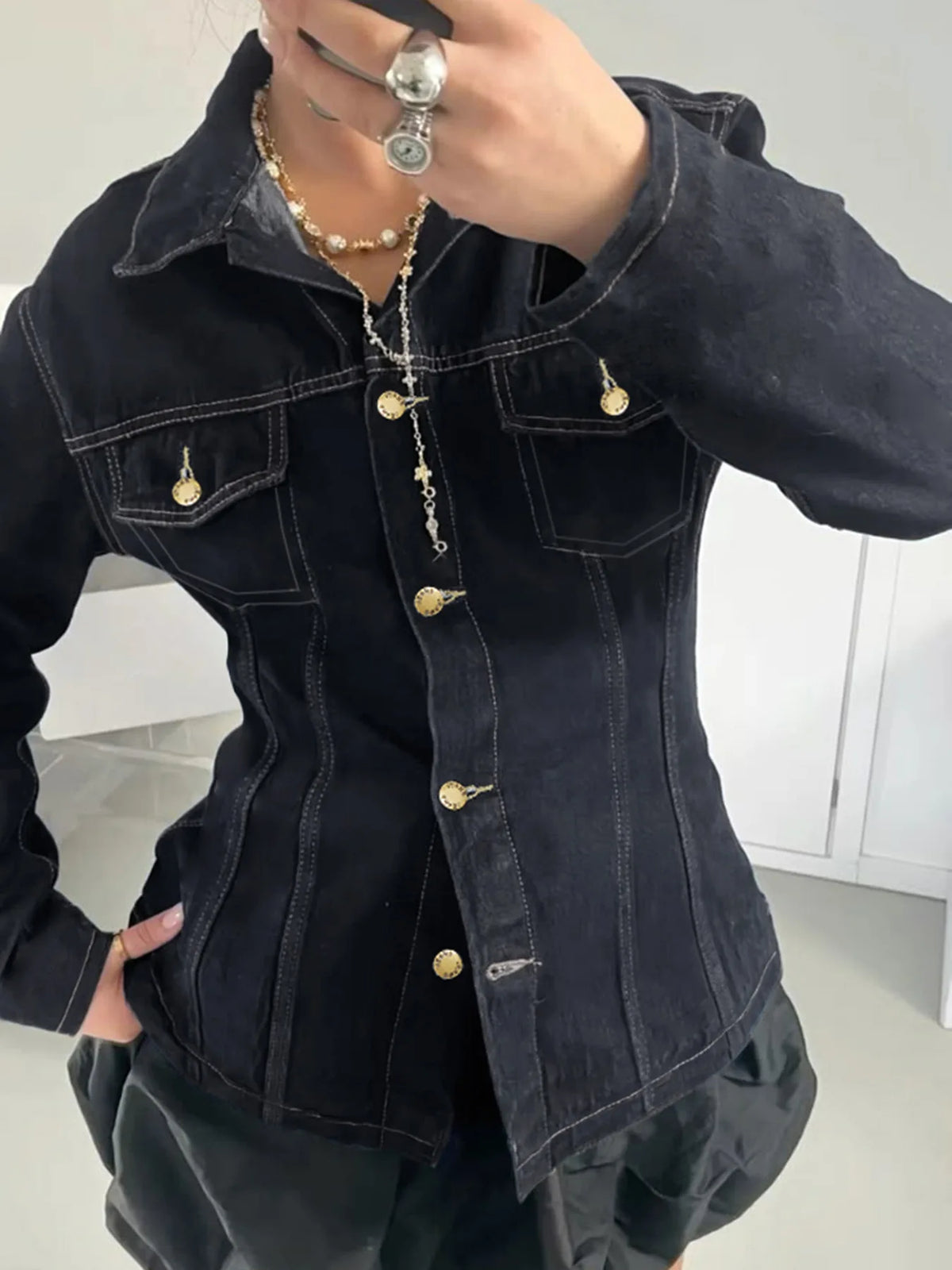 Y2K Vintage Patchwork Denim Jacket – Retro Streetwear Long-Sleeve Coat