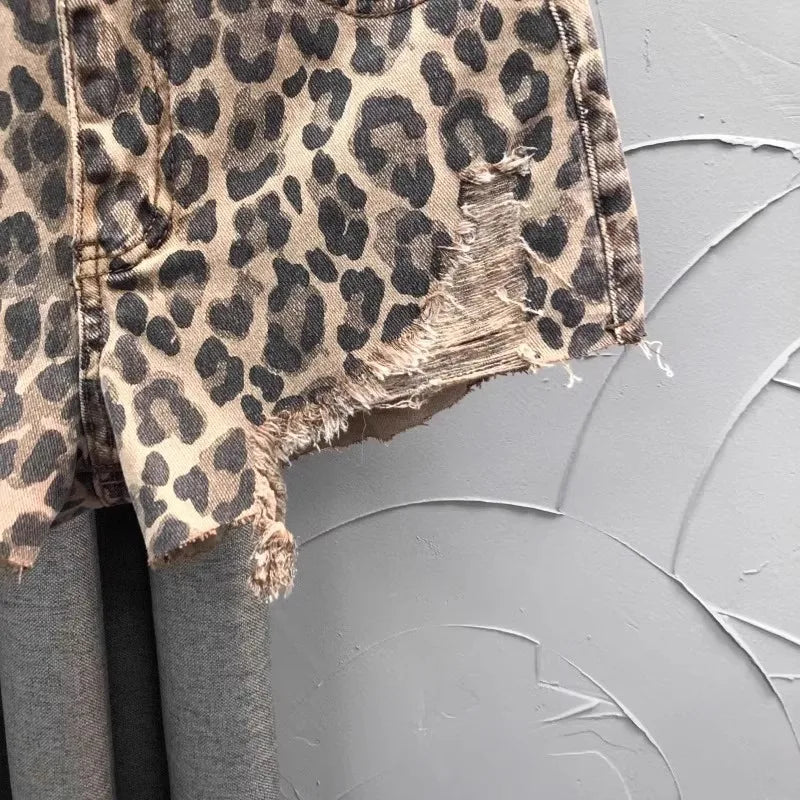 Leopard Print High-Waist Denim Shorts for Women