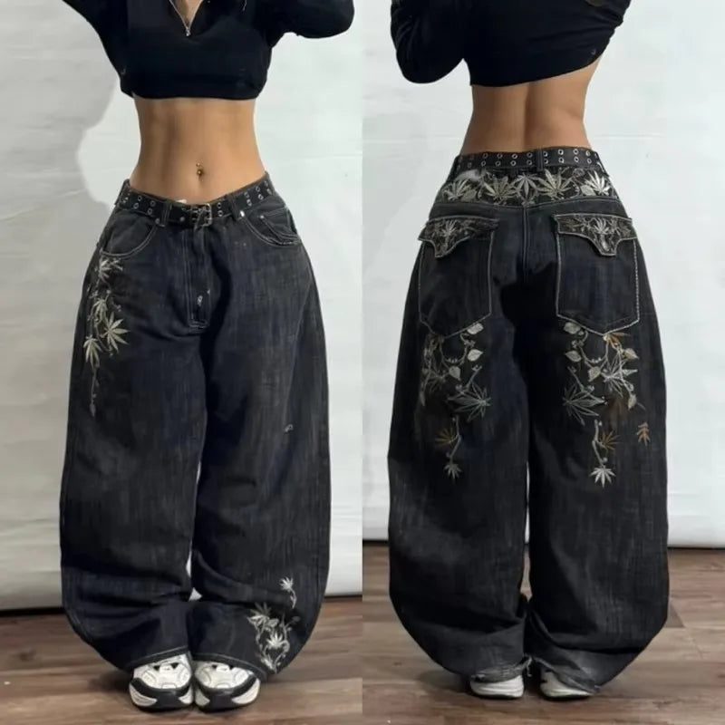 Geometric Embroidered Wide-Leg Baggy Jeans | Y2K Streetwear
