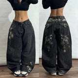 Geometric Embroidered Wide-Leg Baggy Jeans | Y2K Streetwear