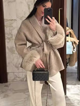 Elegant Lace-Up Woolen Jacket