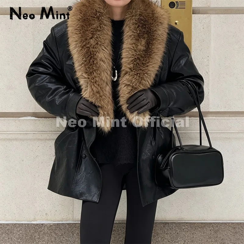 Women's Black Faux Leather Coat with Detachable Collar