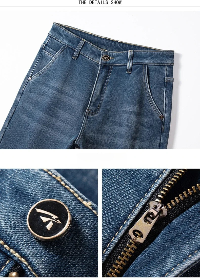2025 Winter New Men's Fleece Thickened Jeans Retro Blue Hot Straight Casual Pants Stretch Premium Velvet Warm Denim Pants
