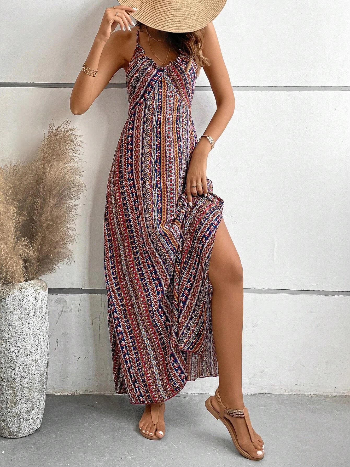 Boho Ethnic Frill Trim Maxi Dress