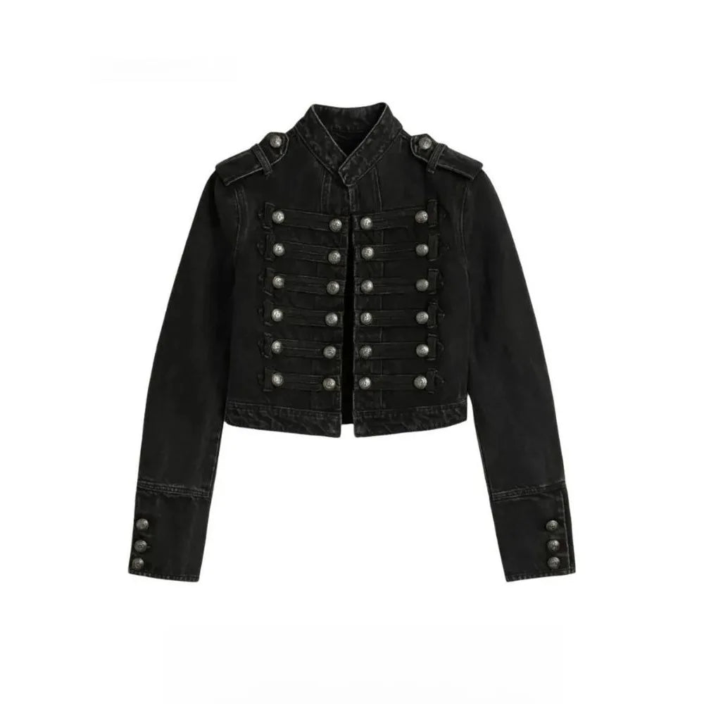 Y2K Retro Hussars Jacket Stand Collar Double Breasted Button Cropped Jacket Napoleon Old Money BLK Denim Jacket Women Boxy Coat