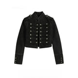 Y2K Retro Hussars Jacket Stand Collar Double Breasted Button Cropped Jacket Napoleon Old Money BLK Denim Jacket Women Boxy Coat