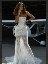 Kyoto Customized Pleated Lace Flower Sheath Wedding Dress Strapless Detachable Train vestidos de novia Exquisite Evening Dresses