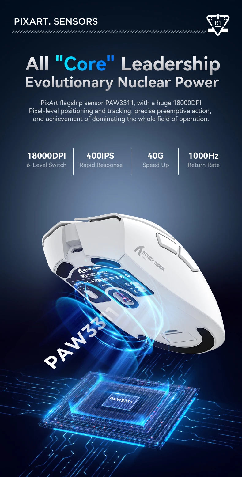 Attack Shark R1 X11 Wireless Bluetooth Gaming Mouse, PAW3311, Tri-Mode Connectivity, 59g Lightweight, for PC, Laptop & Mac