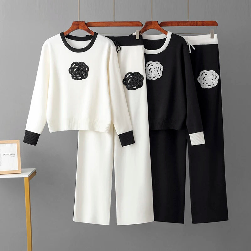 Autumn Color-Block Knit Set | Loose Split Top & Wide Leg Pants