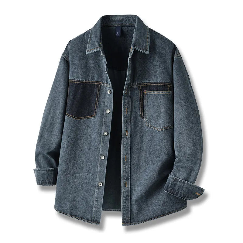 Mens High Quality Custom Weave Slub Deconstructed Patchwork Denim Shirt Trendy Distressed Wash Streetwear Casual Long Sleeve