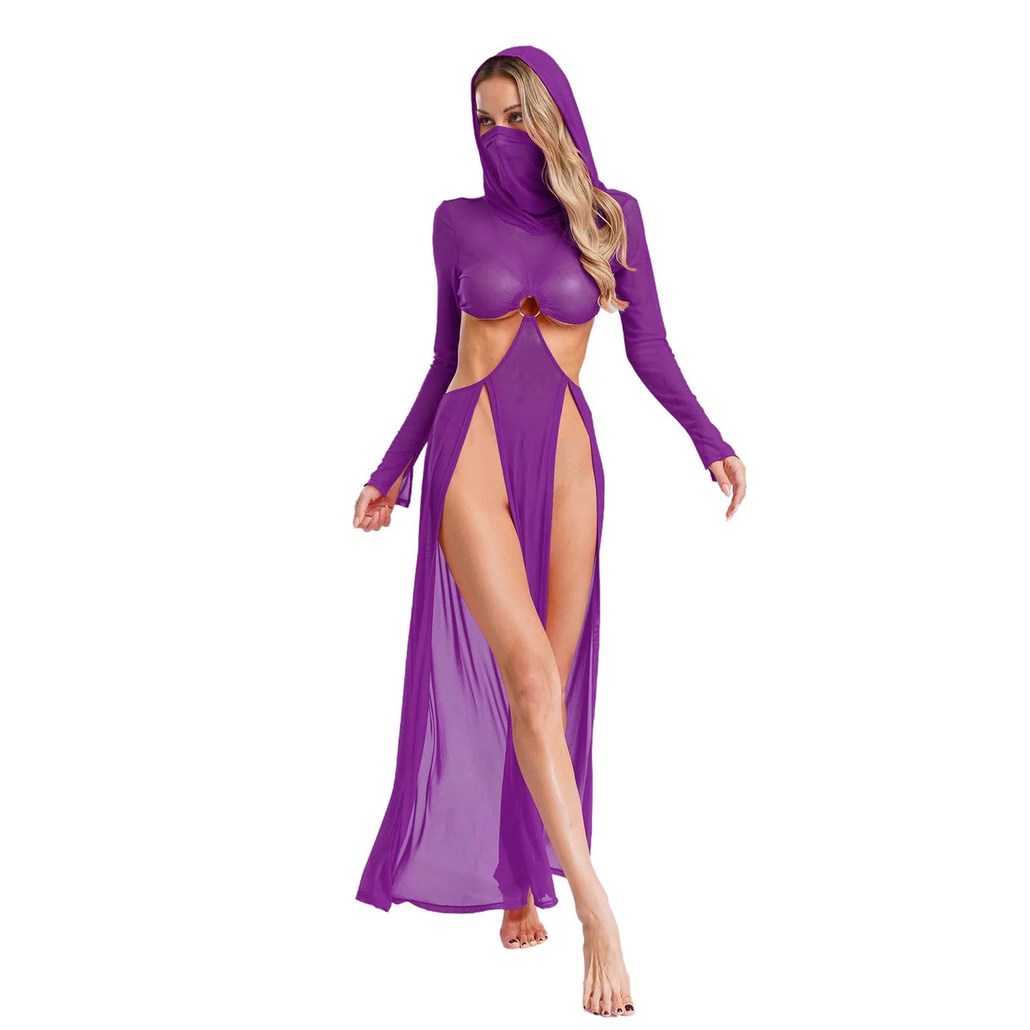 Women’s Hooded Mask Sheer Maxi Dress