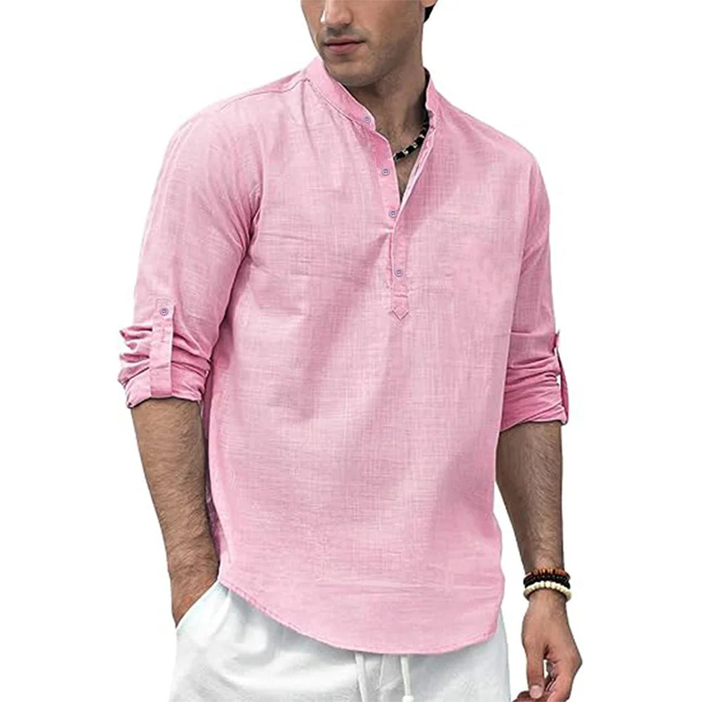 Men's Cotton Linen Long Sleeve Polo Shirt