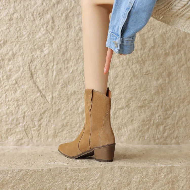 2026 Autumn Cow Suede Women Boots Pointed Toe Chunky Heel Boots for Women Fashion Short Boots Winter Boots Women Western Boots