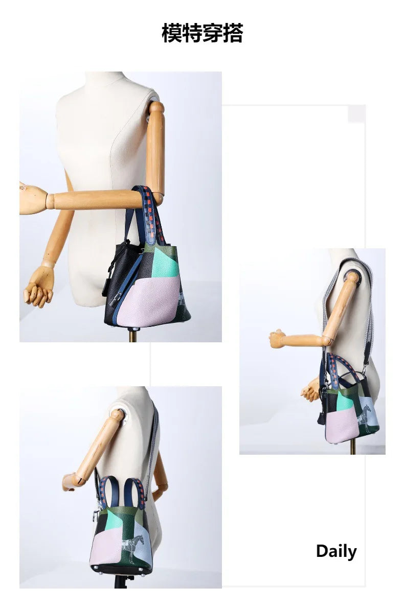 Purses and Handbags Bags for Women Painting Vegetable Basket Handbag Adjustable Shoulder Strap Genuine Leather Bucket Bag
