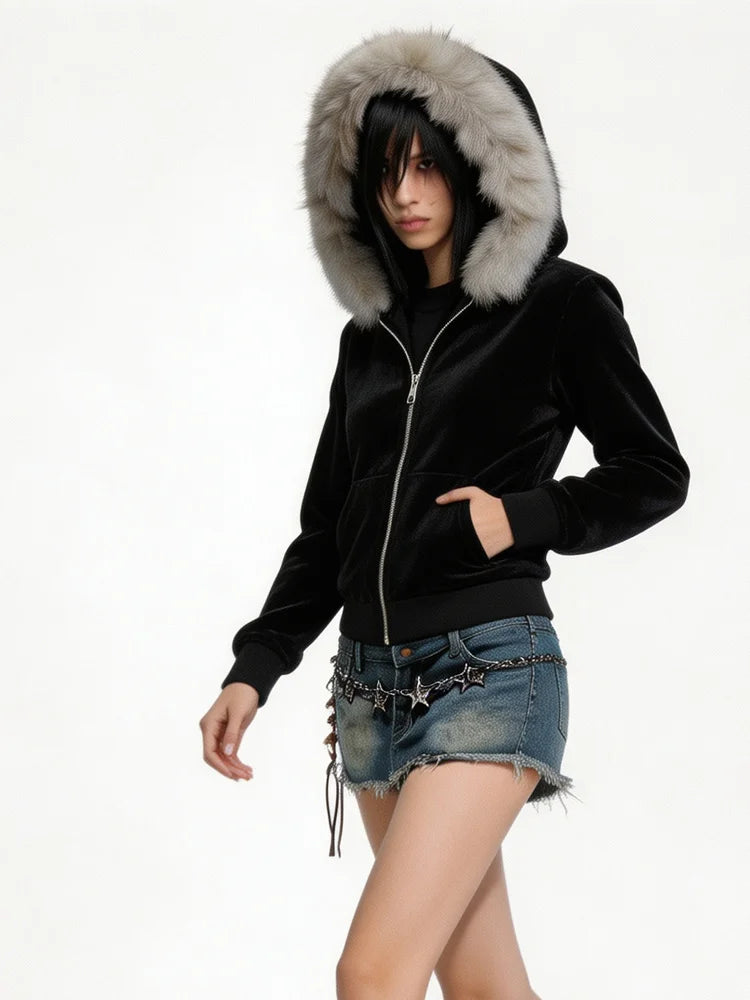 Autumn and Winter Women's Y2K GOTH Zipper Hoodie, Hairy Neck Hat, Slim Fit Long Sleeved Coat, Daily Punk Street Wear Coat