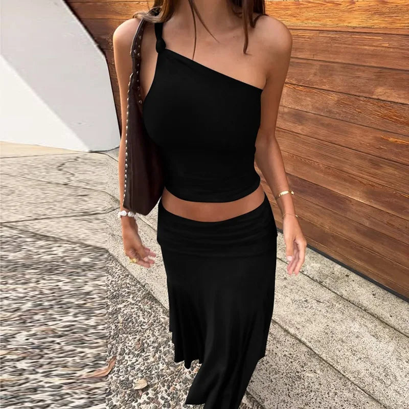 Tossy Fashion Pleated 2 Piece-Set Long Skirt For Women Off-Shoulder Cropped Pullover Top And Slim Long Skirt Sets Female Outfits