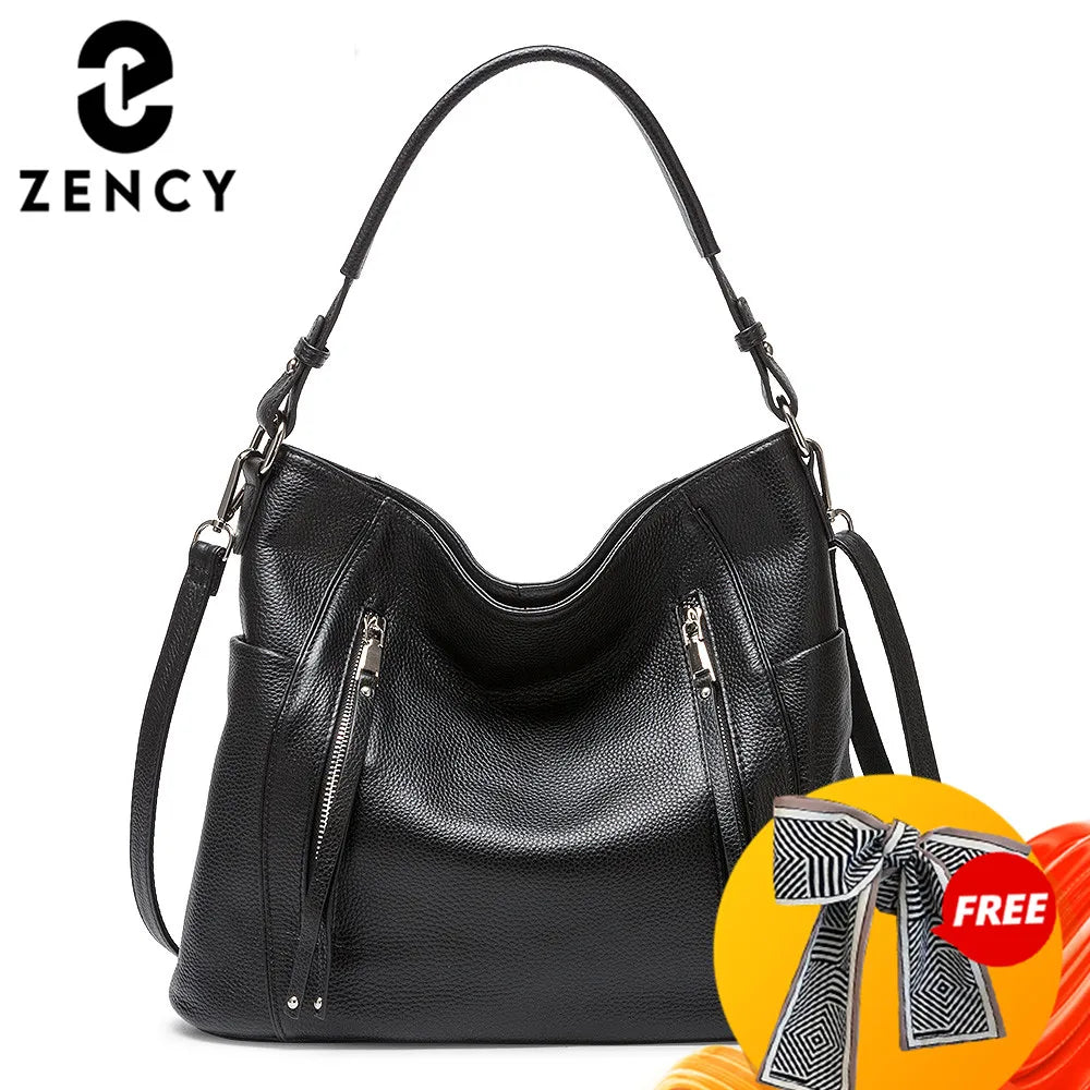 ZENCY New Handbag Luxury Genuine Leather Bag for Women Shoulder Tote Crossbody Double Zipper Pocket Charming Red Hobo Bag